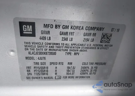 2019 Buick Encore Awd Preferred z USA, uszkodzony, nr VIN KL4CJESBXKB728500